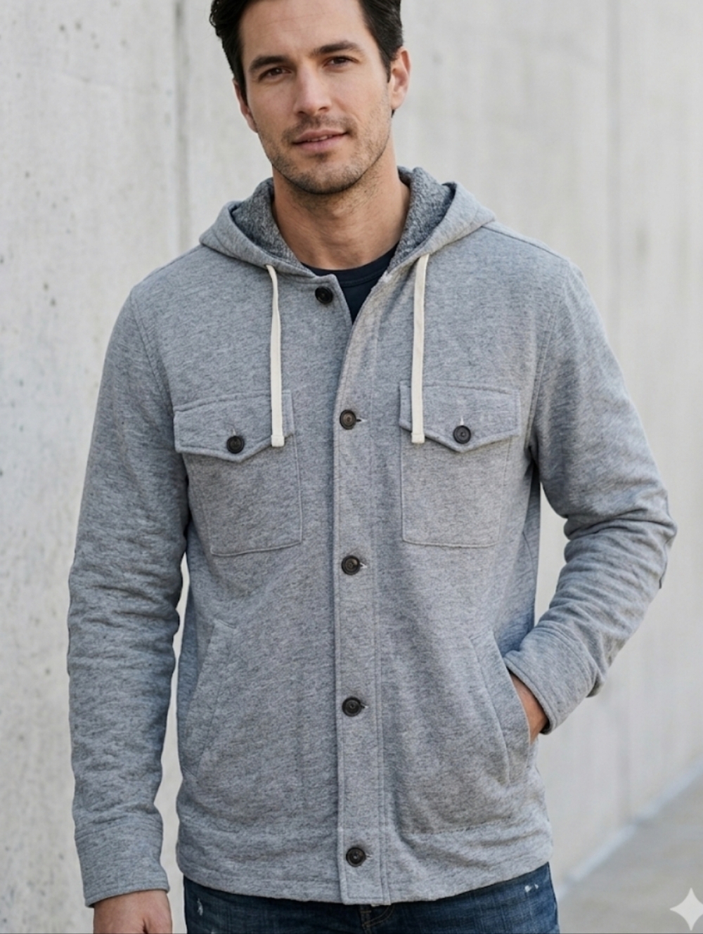 ​James Perse Button Front Hooded Jacket | Carbon Grey Mixed Media Shacket | Size
